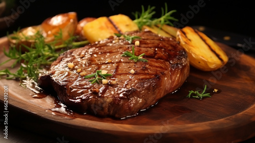 Rib eye and baked potato on the table and kitchen background with sunny rays for advertise. Created using generative AI.