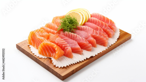 Front view Japanese Salmon and MaguroSashimi with plain white background and warm light for advertise and presentation. Created using generative AI.