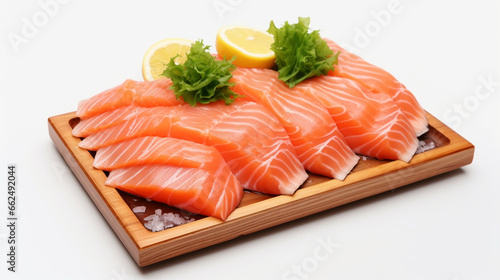 Front view fragrant Salmon fillet with plain white background and warm light for advertise and presentation. Created using generative AI.