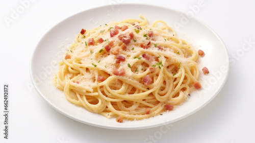 Top view fragrant Spaghetti carbonara with plain white background and warm light for advertise and presentation. Created using generative AI.
