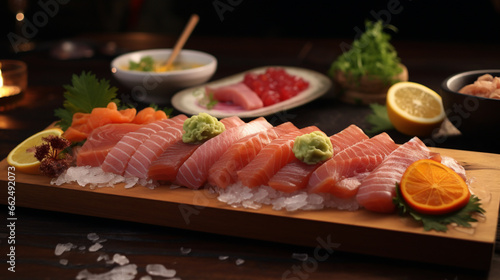 Salmon sashimi on the table and kitchen background with sunny rays for advertise. Created using generative AI.