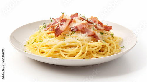 Front view fresh Spaghetti carbonara with clear white background and spotlight for product presentation. Created using generative AI.