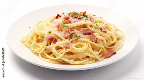Front view fragrant Spaghetti carbonara with white background and spotlight for advertise and presentation. Created using generative AI.