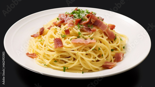 Top view fresh Spaghetti carbonara with clear black background and spotlight for product presentation. Created using generative AI.