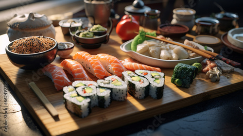 Sushi set and maki on the table and kitchen background with sunny rays for advertise. Created using generative AI. photo