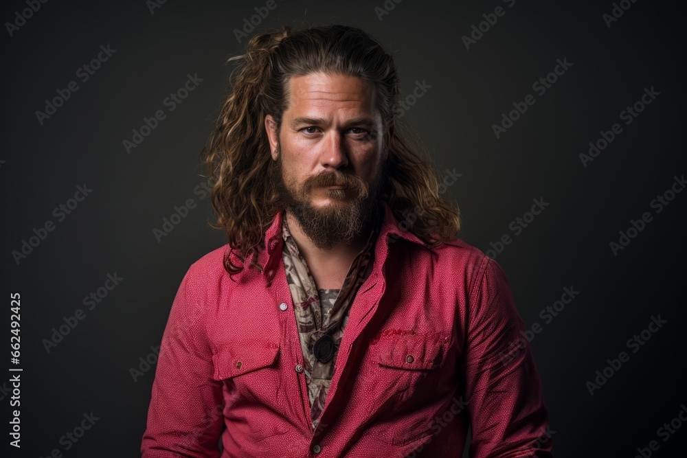 Handsome man with long curly hair and beard in red shirt on dark background Handsome man with long curly hair and beard in red shirt on dark background