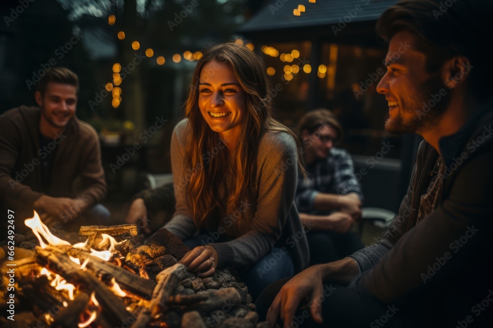 A cozy scene of friends and family sitting around a crackling bonfire, toasting marshmallows and sipping warm cider, capturing the camaraderie and outdoor activities of a Thanksgiving evening