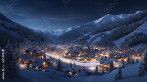 Hyper-realistic ski resort village at twilight, with warmly lit chalets, the glow of fireplace flames visible through windows, and a network of ski tracks leading to the heart of the winter action. © Nasreen