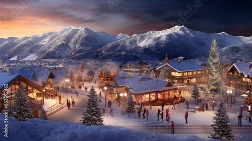 Hyper-realistic ski resort village at twilight, with warmly lit chalets, the glow of fireplace flames visible through windows, and a network of ski tracks leading to the heart of the winter action.