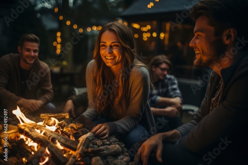 A cozy scene of friends and family sitting around a crackling bonfire, toasting marshmallows and sipping warm cider, capturing the camaraderie and outdoor activities of a Thanksgiving evening