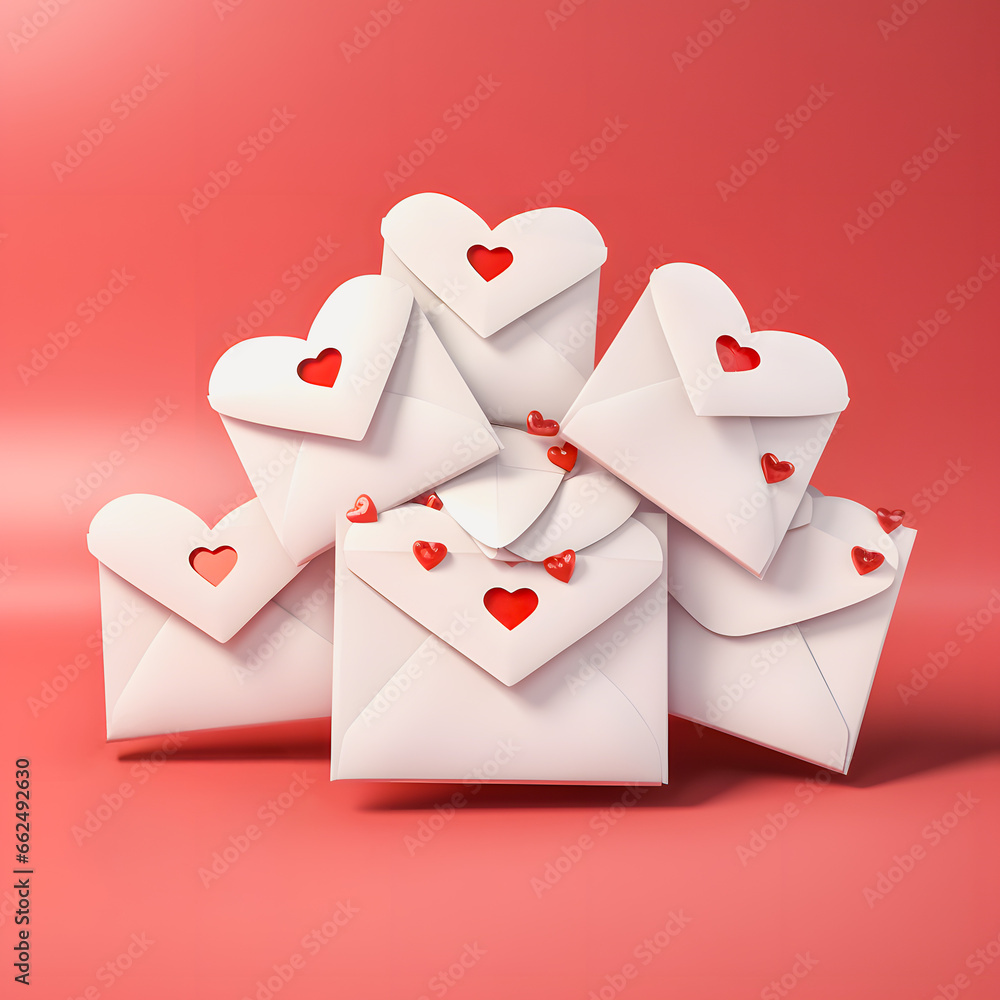 White envelopes surrounded by red hearts on a red background. Perfect for Valentine's Day greetings and love letters. Valentine's Day. Love letters with heart. Generative AI