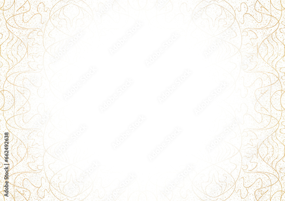 Vignette of golden hand-drawn pattern with splatters of golden glitter isolated on transparent background. Copy space. Digital artwork, A4.. (pattern: p02-1b) Vignette of golden hand-drawn pattern with splatters of golden glitter isolated on transparent background. Copy space. Digital artwork, A4.. (pattern: p02-1b)