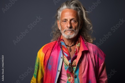 Portrait of a handsome Indian man with long grey hair and a colorful scarf. © Iigo
