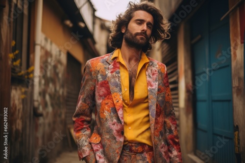 Handsome young man with long curly hair and beard in colorful jacket on the street