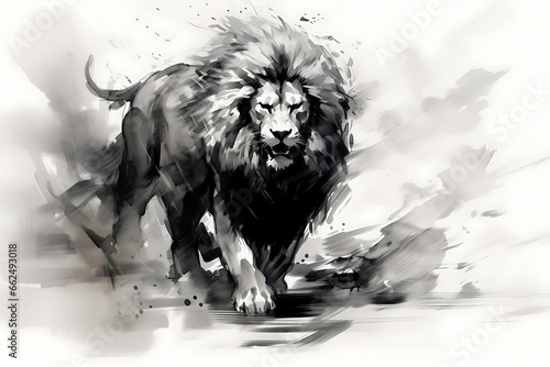 lion illustration in Chinese brush stroke calligraphy in black and grey drawing inking