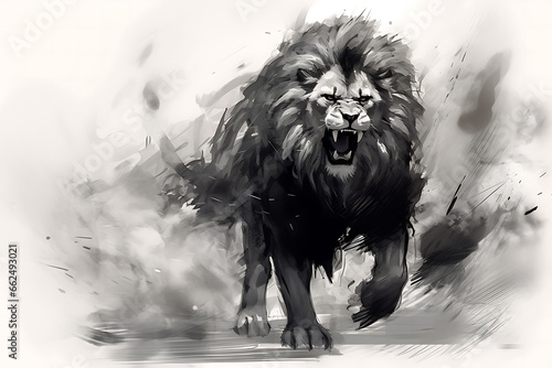 lion illustration in Chinese brush stroke calligraphy in black and grey drawing inking