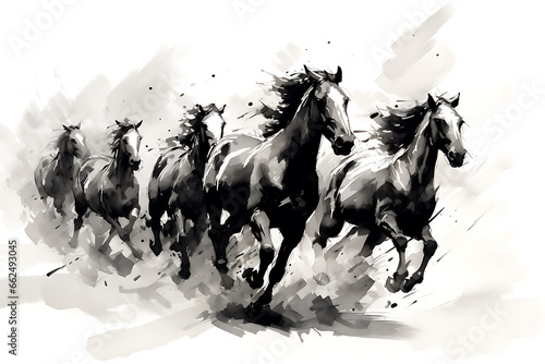 Horse illustration in Chinese brush stroke calligraphy in black and grey drawing inking