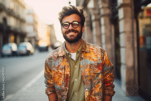 Portrait of a handsome young man in glasses on a city street photo