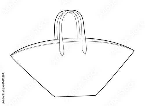 The Fan Silhouette Shoper extreme East-West bag. Fashion accessory technical illustration. Vector satchel front 3-4 view for Men, women, unisex style, flat handbag CAD mockup sketch outline isolated