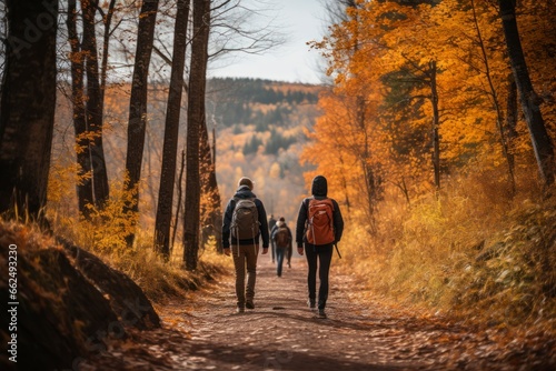 A picturesque view of friends and family taking a scenic hike through a colorful autumn forest on Thanksgiving Day, experiencing the beauty and serenity of the great outdoors