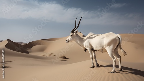 A Lone Addax in its Natural Habitat among Sand dunes in the Sahara Desert