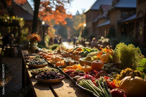 A scenic view of a Thanksgiving harvest festival, with vendors selling fresh produce, artisanal goods, and handcrafted decorations at a bustling market