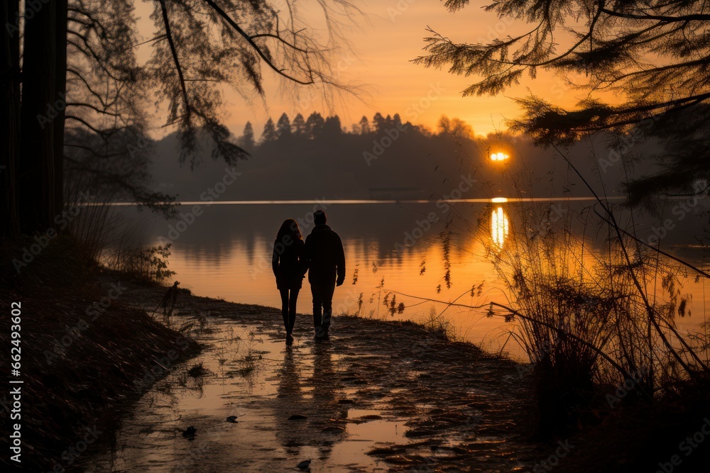 A serene scene of a couple taking a peaceful Thanksgiving morning walk along the shores of a tranquil lake, with the rising sun casting a warm glow on the water, symbolizing the simplicity and beauty A serene scene of a couple taking a peaceful Thanksgiving morning walk along the shores of a tranquil lake, with the rising sun casting a warm glow on the water, symbolizing the simplicity and beauty