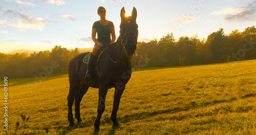 PORTRAIT, LENS FLARE: Smiling young lady in saddle on a beautiful brown horse