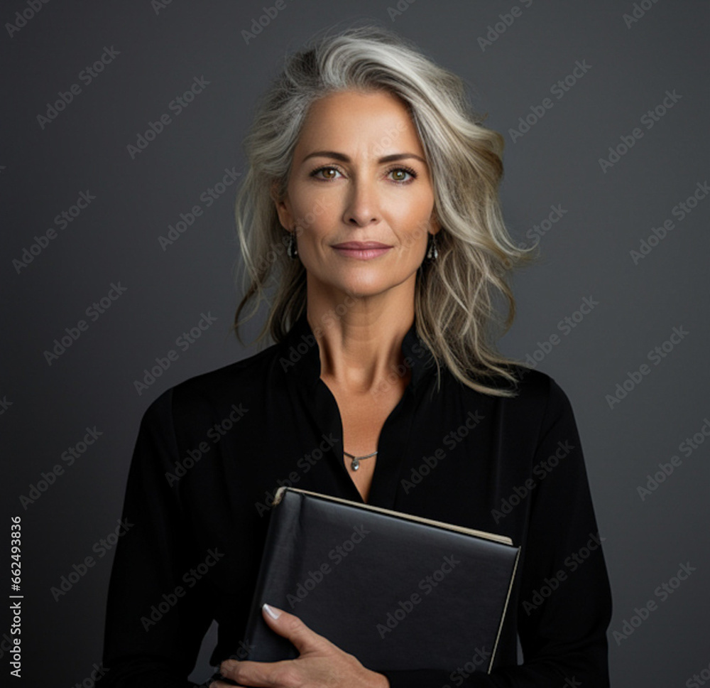 Caucasian white-haired executive woman with a tablet looking at camera on a gray background Caucasian white-haired executive woman with a tablet looking at camera on a gray background