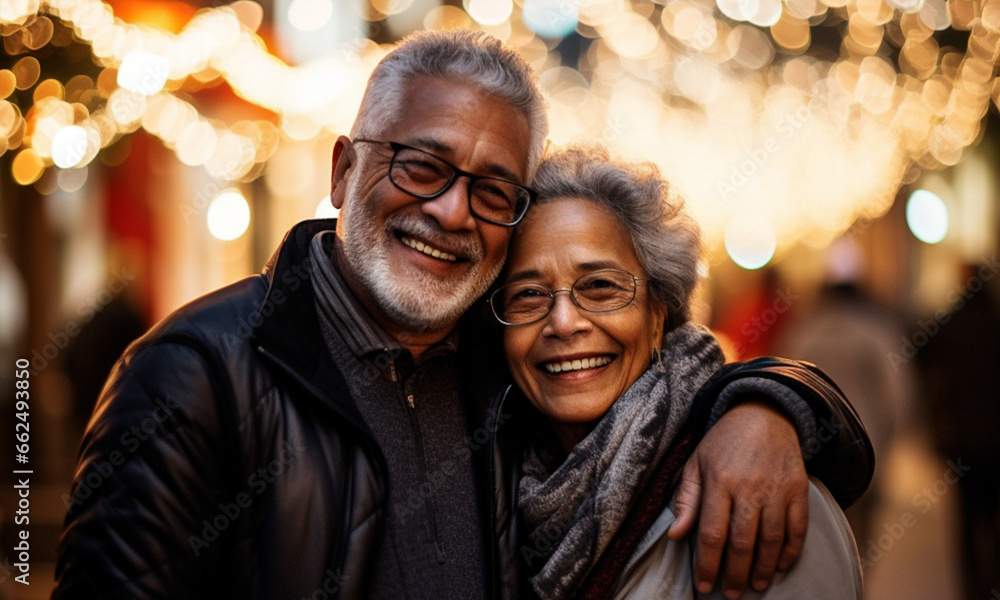 Middle aged African American couple looking at camera smiling in a city while enjoying