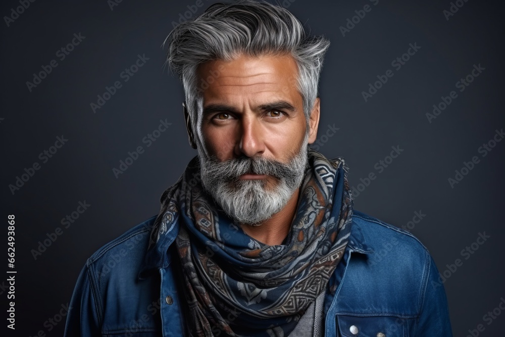 Portrait of a handsome middle-aged man with gray beard and gray hair. Portrait of a handsome middle-aged man with gray beard and gray hair.