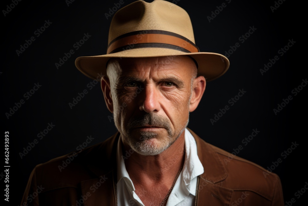 Portrait of an old man in a hat on a black background.