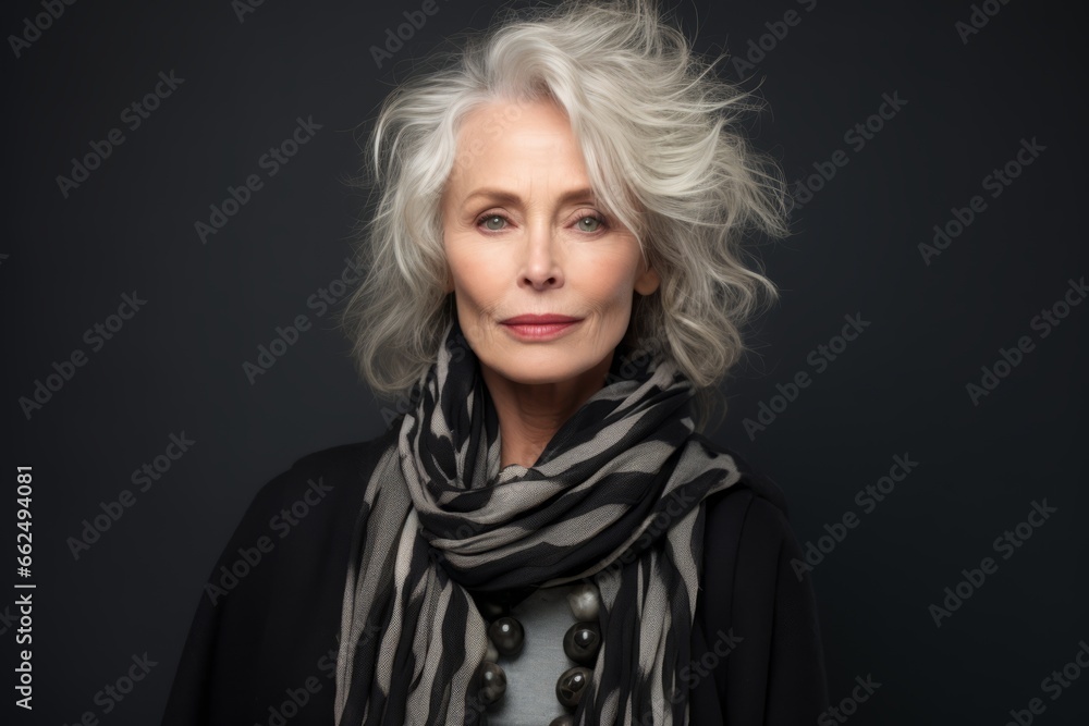 Portrait of a beautiful senior woman with gray hair and a scarf
