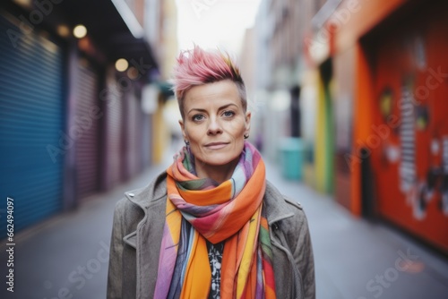 Portrait of a middle-aged woman with pink hair on the street.