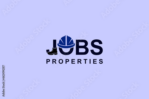 Construction logo in word sign style forms a helmet and shoe construction symbol