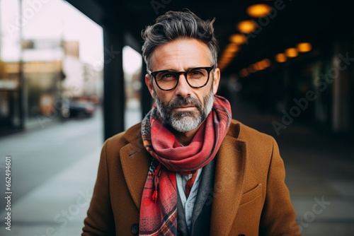 Portrait of a handsome middle-aged man wearing glasses and a red scarf.