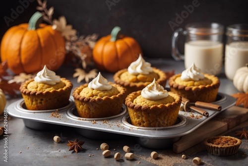 Pumpkin pies with cream and spices baked in a mini muffin tin with copyspace for text