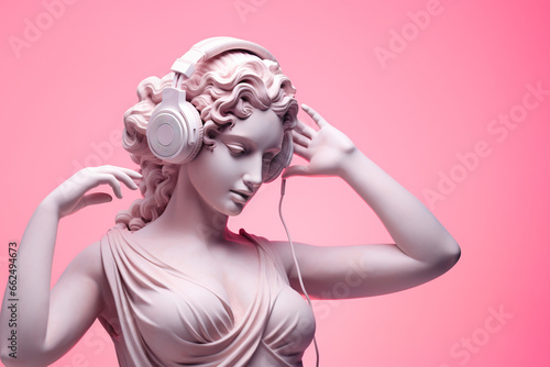 Antique sculpture of a woman in headphones	
