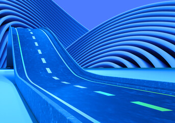 Car road with slide. Blue highway without anyone. Logistic background. Road with sharp rise. Backdrop for logistics advertising. Blue background with road. Highway in cartoon style. 3d image