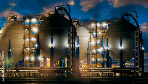 Industrial night landscape. Plant for production of cryogenic products. Spherical tanks near manufactory. Storage of cryogenic liquids under high pressure. Industrial enterprise. ASME, BPVC. 3d image photo