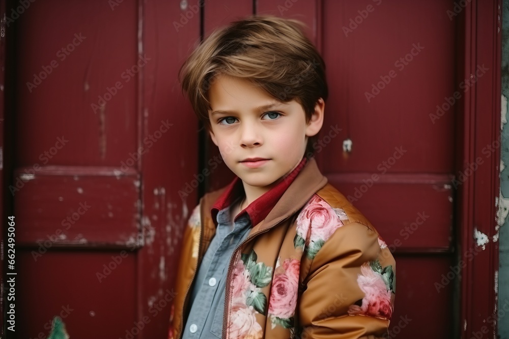 Portrait of a cute little boy on a background of red doors Portrait of a cute little boy on a background of red doors