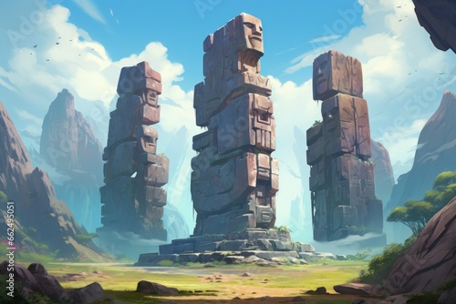 Ancient stone colossi, towering giants carved from living rock - Generative AI photo