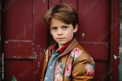 Portrait of a cute little boy on a background of red doors