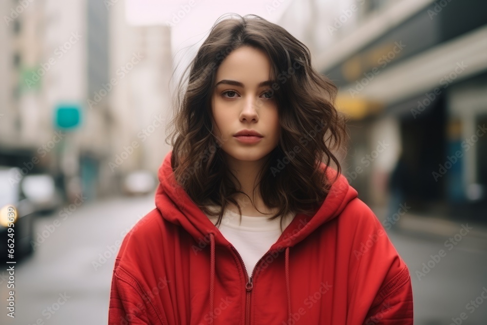 Portrait of a beautiful young woman in a red jacket on the street
