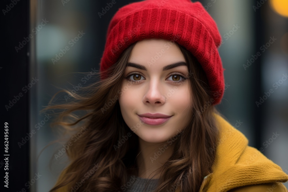 Portrait of a beautiful young woman in a red hat and coat. Portrait of a beautiful young woman in a red hat and coat.