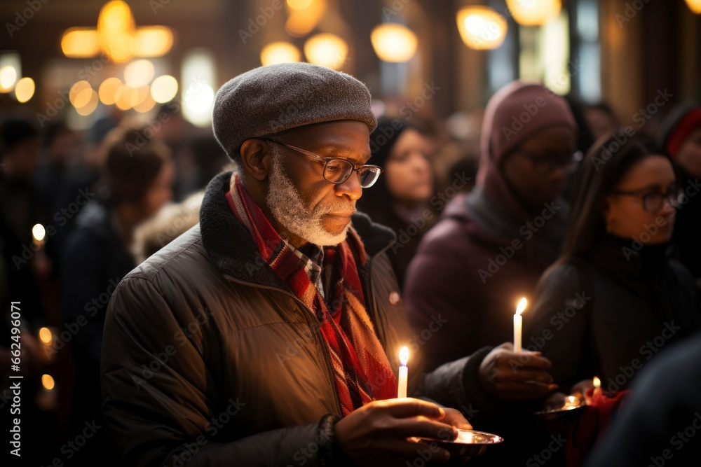 A spiritual image of a congregation gathered in a beautifully decorated church for a Thanksgiving worship service, with candlelight and heartfelt prayers A spiritual image of a congregation gathered in a beautifully decorated church for a Thanksgiving worship service, with candlelight and heartfelt prayers