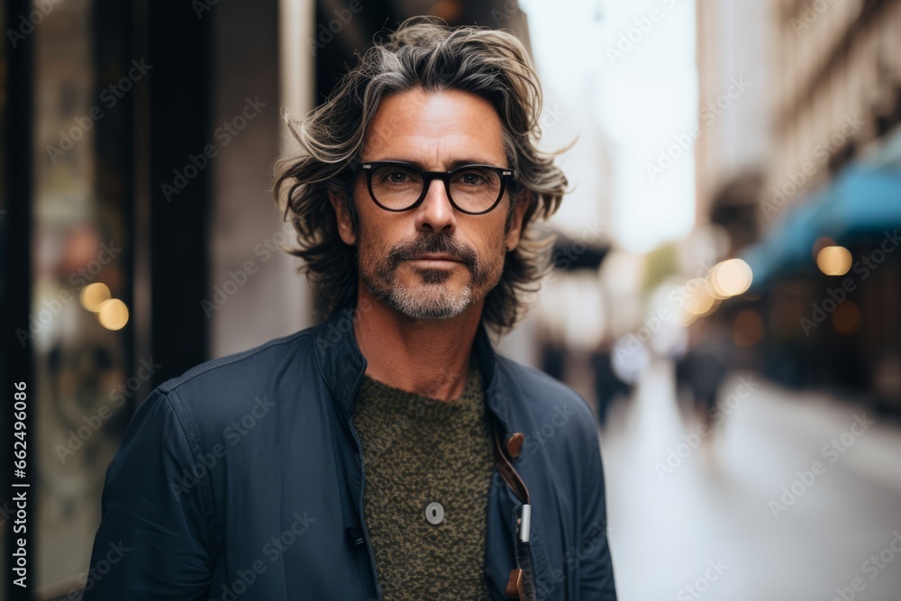 Portrait of handsome middle-aged man with trendy hairstyle and beard wearing eyeglasses in the city.