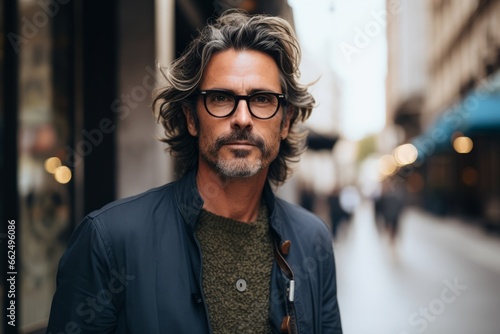 Portrait of handsome middle-aged man with trendy hairstyle and beard wearing eyeglasses in the city.