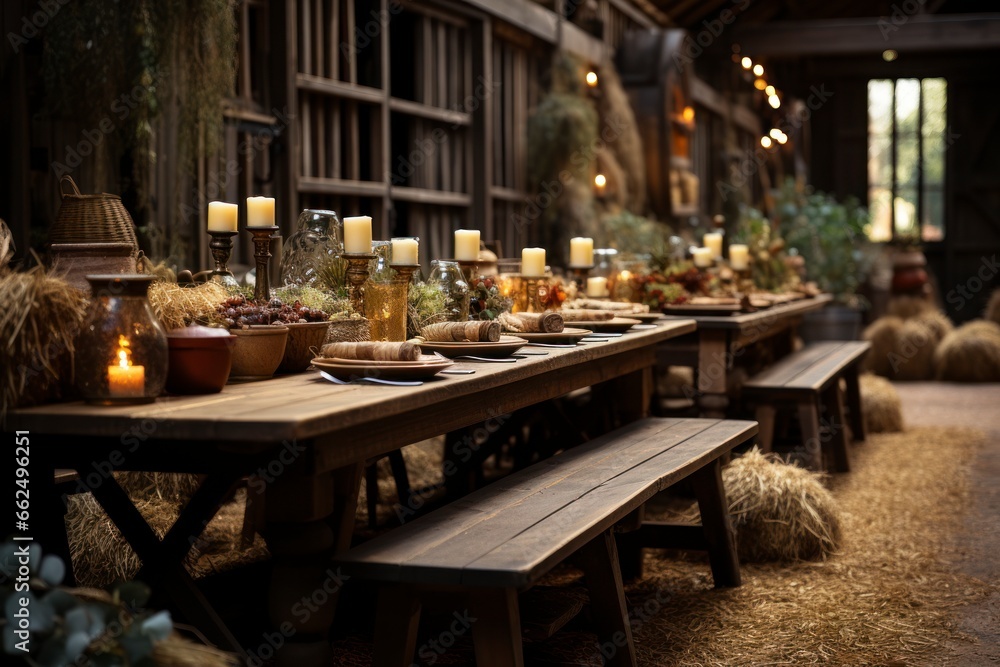 An artistic representation of a Thanksgiving table set in a rustic barn, with long wooden benches, hay bales, and string lights, capturing the charming and country-style ambiance of a farm-themed Than