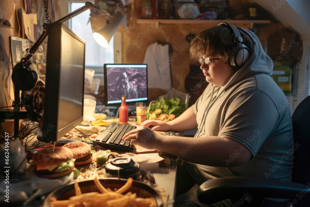 Fat boy with Computer Addiction. The Dangers of an Inactive Lifestyle: Combating Sedentarism, Poor Diet, and Social Isolation.
Fat boy with Computer Addiction. The Dangers of an Inactive Lifestyle: Combating Sedentarism, Poor Diet, and Social Isolation.